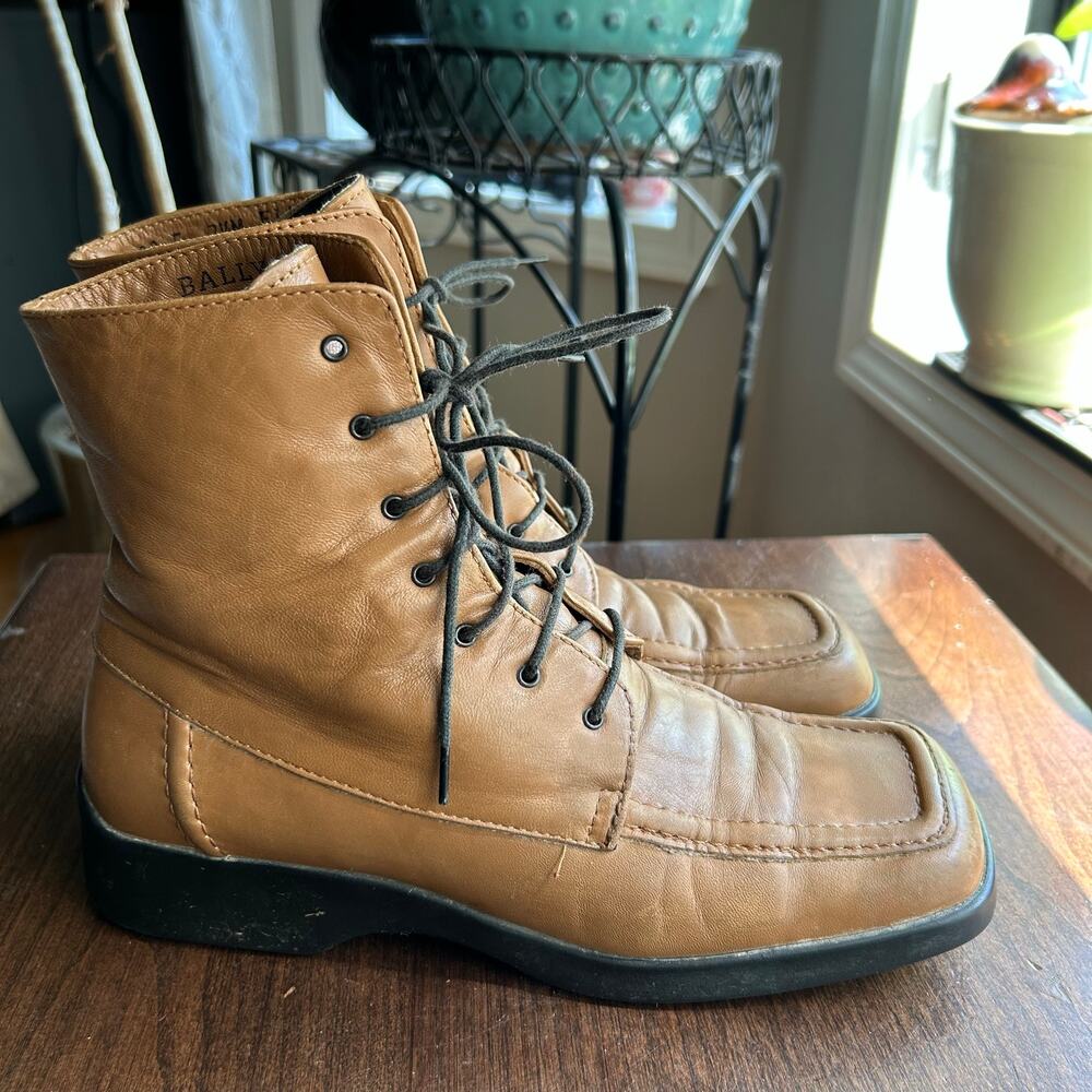 Vintage Bally Fiasa brown leather lace-up boots square toe size 38 7.5